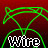 Green wireframe symbol with intersecting lines over dark red background, below which is pixelated text reading 'wire' in black and white.