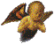 Pixelated angel icon with golden body and dark wings, shown in two sequential poses against gray background.