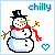 Pixelated snowman with black top hat, red scarf, orange carrot nose, and brown twig arms; text 'chilly' above; heart symbol below.