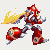 Pixel art character with red armor and yellow flowing hair in multiple action poses against a light background.