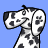 Pixelated dog head with black and white spots on blue background, showing side profile facing left.
