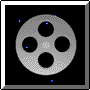 A grayscale film reel icon rotates through multiple angles against a black background, showing front, side, and cross-sectional views with visible sprocket holes.