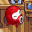 Pixel art of a red, round character with white facial features and a large circular mouth against wooden background elements.