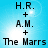 Blue background with pixelated text reading H.R. + A.M. + The Marrs in two vertical , each containing identical text