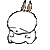 A white cartoon rabbit with orange-tipped ears stands in a of showing sequential motion, including a small orange puff of dust near its feet in some frames