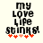 Pixelated text reads 'my love life stinks!' with red and pink hearts below, displayed in two identical frames.