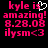 Pixelated pink text on black background with a white heart cursor icon, displaying 'kyle is amazing! 8.28.08 ilysm<3' in two side-by-side frames.