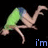 Animated sequence of a green-shirted figure in blue shorts performing a forward roll, with text changing from 'i'm heels over head for you' to 'i'm heels over head for you'.