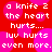 Red background with pink circular shapes and white pixelated text reading "a knife 2 the heart hurts.... luv hurts even more." repeated in a