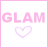 Pixelated pink 'GLAM' text above a light purple heart outline on a white background with a pink border.