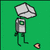 Pixelated figure with oversized head, gray outfit, and green background holding a small object.