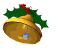 Animated sequence of a golden bell with holly and red berries rotating against a white background.