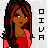 Pixel art icon of a woman with long dark brown hair wearing a red top, standing against a light gray background with vertical text to the right.