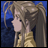 Pixelated anime-style character with long brown pigtails in profile view next to stylized text on a black background.