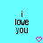 Pixelated text 'i love you' in black on cyan background with two pink heart icons below.