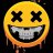 Yellow circular emoji with black X eyes, wide toothy grin showing teeth, orange dripping effect at bottom, dark background.