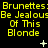 Yellow text on black background repeats 'Brunettes: Brunettes: Be Jealous Of This Blonde' with small white stars scattered across the scene.