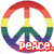Four pixelated icons arranged in a : rainbow peace symbol, pink heart with 'love', yellow smiley face with 'happiness', and blue background with 'and friends'