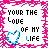 A 5x4 contact sheet of animated frames showing a repeating text-based design with pink borders, blue hearts, and white background.