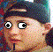 Pixelated cartoon character with dark cap, changing facial expressions and mouth shapes