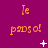 Purple background with orange text 'Je pards ol' repeated in a , white star and plus symbols scattered across the image