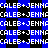 A static digital image displays repeated text 'CALEB+JENNA' in white pixelated font over a blue and black checkered background with star-like shapes.