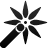 Black pixelated starburst with eight radiating points on light gray background, center contains small cross and circular shape.