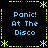 Pixelated text "Panic! At The Disco" repeated in four quadrants within a yellow dotted border on black background.
