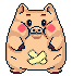 Pixelated pig character with pink cheeks and yellow X-shaped symbol on belly, shown in multiple poses with arms raised or lowered against gray background.
