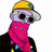 Pixelated cartoon skull wearing yellow hard hat, pink bandana with teal spots, and black jacket against white background.