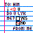 Pixelated graphic with blue horizontal lines and a pink vertical line, featuring text fragments 'i <3 u', 'HE?', 'YES', 'NO', and 'FROM: ME' in mixed colors.