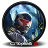 Pixelated circular icon with dark border showing a figure in blue and red tones holding a weapon inside a reflective sphere.
