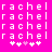 pixelated text and symbols on a bright pink background, with repeated 'rachel' text and star-like symbols below