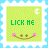 A 6-frame animated contact sheet of a green cartoon icon with "LICK ME" text, pink cheeks, and changing mouth shapes on a light blue border background.