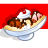 Pixelated image of a dessert in a glass bowl with red background, featuring banana slices, chocolate sauce, whipped cream, and pink fruit pieces.