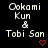 Pixelated text displays 'Ookami Kun & Tobi San' with red heart symbols on a black background, arranged in three across multiple repeated sections