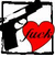 Black silhouette of a person holding a pistol points at red heart with 'Love' text, all within black frame on white background.