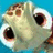 Pixelated cartoon character with wide eyes and open mouth on blue background, next to blue text reading 'totally dude'.