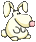 Pixelated bunny with cream fur, pink nose, and dark gray accents on ears and body against solid light gray background.