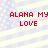 Red pixelated text 'ALANA MY LOVE' on a light blue and white striped background with small square patterns.