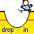 Pixelated animation of a character on a skateboard performing tricks over yellow ramps with red lines, alternating between upright and falling poses.