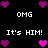 Pixelated icon with black background, white text 'OMG' and 'It's HIM!', pink/purple hearts in corners and center. Animated heart colors alternate between frames.