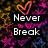 A static image with four distinct sections: top-left features a purple and pink floral background with 'Never Break' text, top-right shows a hand holding an orange object with 'The Heart', bottom-left displays a white broken heart shape with 'That Loves You' text.