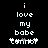 Pixelated text on black background reads 'i love my babe' with 'cannot' below, showing animation where the 'o' in 'cannot' changes from white to gray.