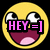 Pixelated yellow smiley face with wide eyes and open mouth, overlaid with pink text 'HEY =]' on black background.