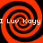 Four red and black spiral patterns arranged in a with white text reading "I Luv Koyy" overlaid on each spiral