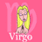 A 48x48 pixel animated buddy icon featuring a blonde cartoon woman with glasses, shown in two frames: one without wings and one with angel wings against a pink background with "VIRGO" text.