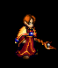 Pixel art character in red and gold robe holding glowing orb, transitioning through prayer pose with blue starbursts appearing around hands and head.
