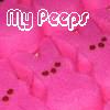Pink background with white outlined text reading 'My Peeps' and scattered dark brown pixel clusters.
