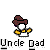 Pixelated character with brown hat and yellow sleeves holding a white object, displayed in six with text changes above and below
